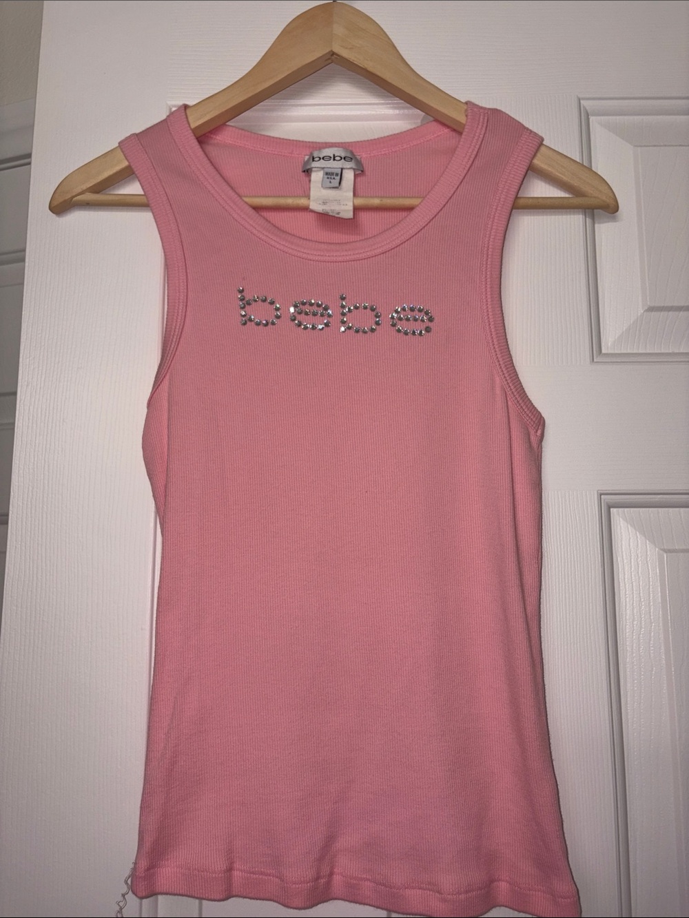 bebe Pink Ribbed Tank with Crystal Logo